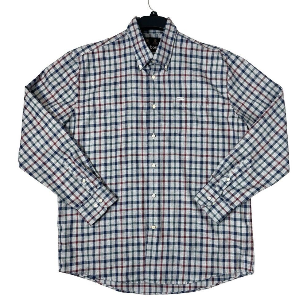 Barbour Flannel Shirt Mens Large L/S Gray Blue Red Plaid Button Up Thermo Coll